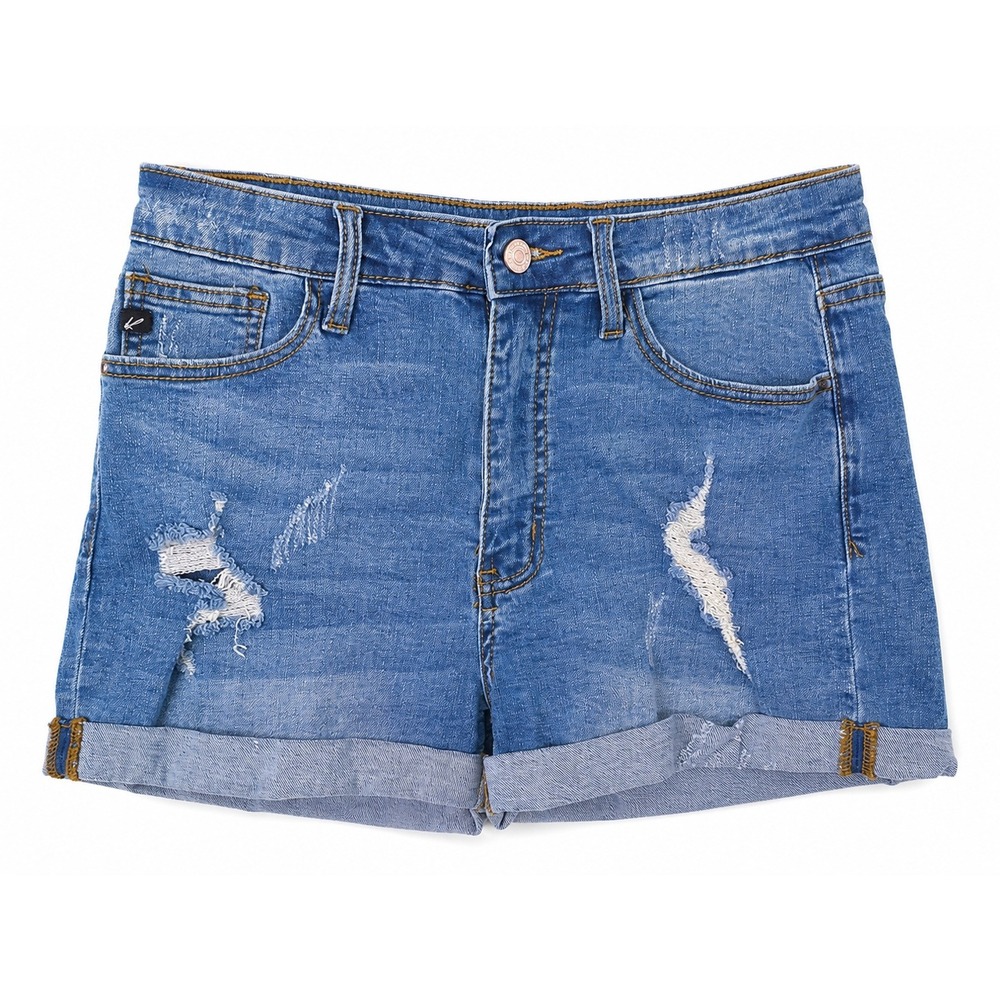 Kancan Womens Size 28 Distressed High Rise Denim Shorts Medium Wash Blue Cuffed